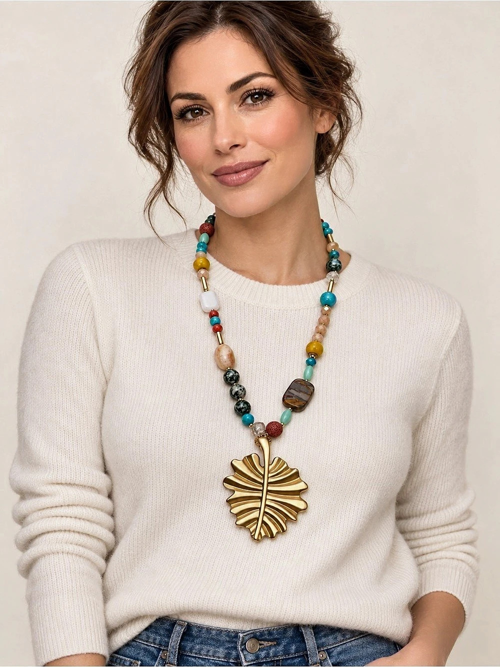 Gold-Tone Leaf Pendant Necklace with Turquoise & Multicolor Mixed Beads